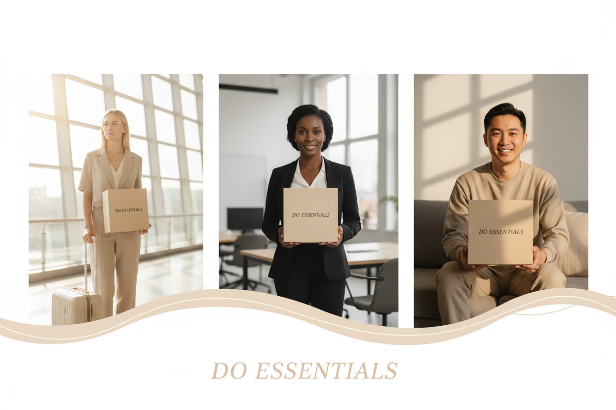 Scène réaliste en trois parties, tons beige, blanc et lumineux. Une femme blonde à l’aéroport avec sa valise et une boîte beige « DO ESSENTIALS »écrit en noir.  Une femme noire au bureau avec la même boîte. Un homme asiatique à la maison, sourire rassuré, tenant cette même boîte. Style cosy, harmonieux, réaliste. Ajouter tout en bas une belle inscription DO ESSENTIALS accordée aux tons beige pour une finition élégante.